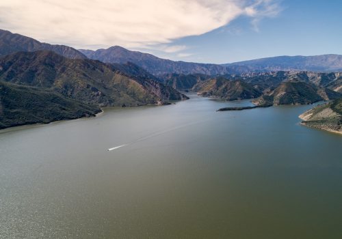 Pyramid Lake is a reservoir formed by Pyramid Dam on Piru Creek in the eastern San Emigdio Mountains, near Castaic, Southern California, in Los Padres National Forest.